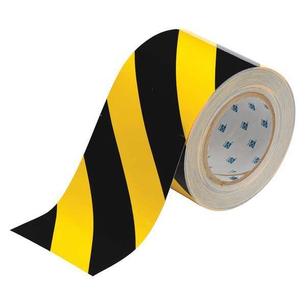 Brady Floor Marking Tape, Polyester, Striped, Black, Yellow, 4 in W., 8 mil Thickness - 104377