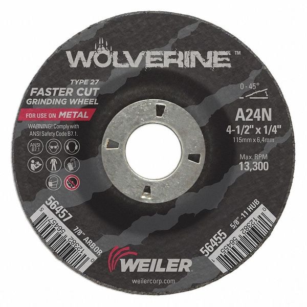 Weiler Grinding Wheel, Type 27, 4 1/2 in Dia, 1/4 in Thick, 7/8 in Arbor Hole Size, Aluminum Oxide - 56457