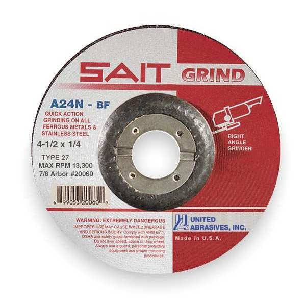 United Abrasives/Sait Depressed Center Grinding Wheel, Type 27, 4 1/2 in Dia, 0.25 in Thick, 7/8 in Arbor Hole Size - 20060