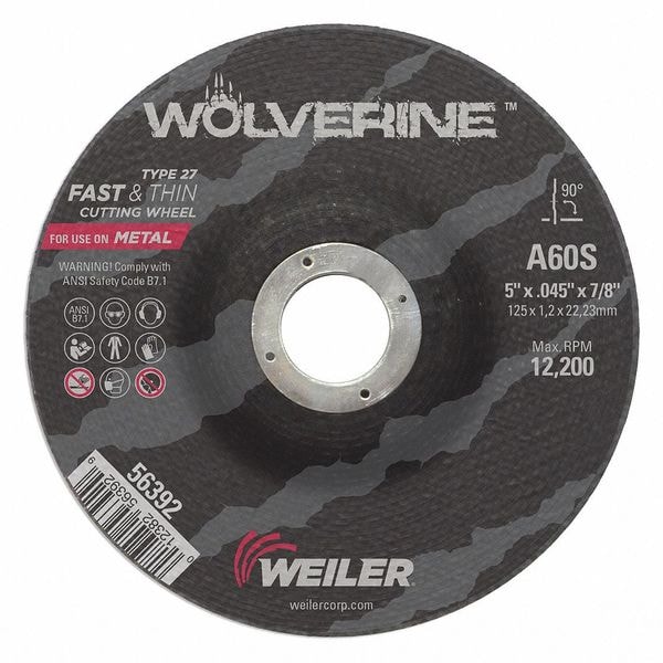Weiler Cutting Wheel, Type 27, 5 in Dia, 0.045 in Thick, 7/8 in Arbor Hole Size, Aluminum Oxide - 56392