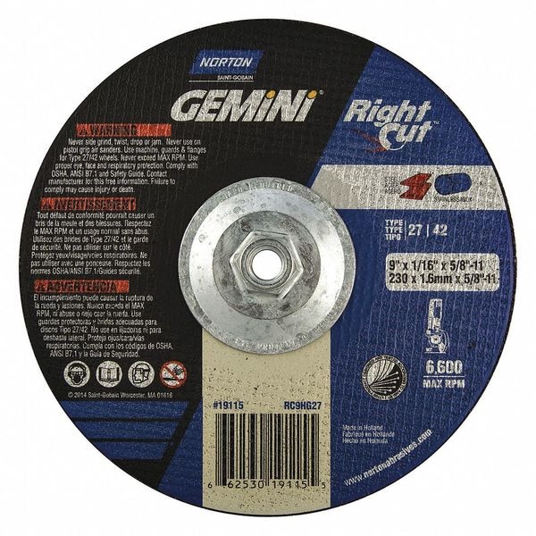 Norton Abrasives Depressed Center Cut-Off Wheel, Type 27, 9 in Dia, 0.0625 in Thick, 5/8"-11 Arbor Hole Size - 66253019115
