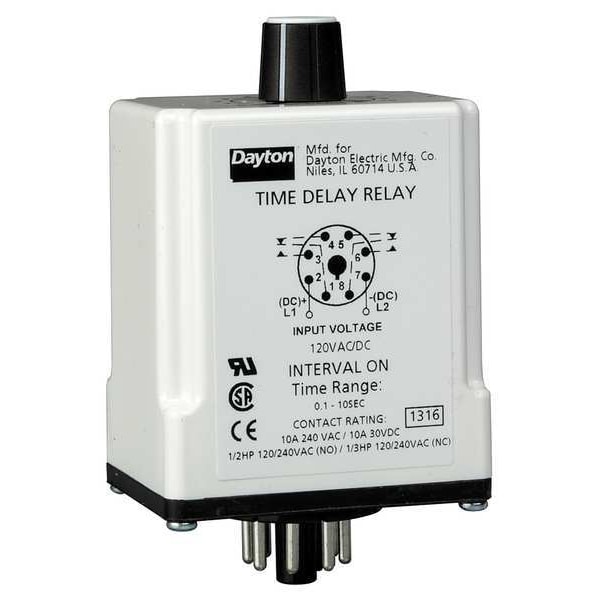 Relevador de retardo de tiempo Dayton, 12VDC, 10A, DPDT, 3 seg. - 24EN68
