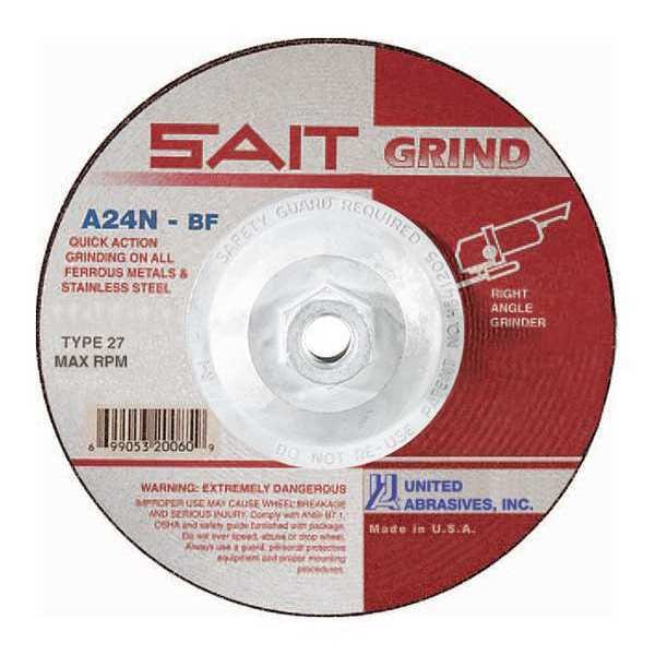 United Abrasives/Sait Depressed Center Grinding Wheel, Type 27, 4 1/2 in Dia, 0.25 in Thick, 5/8"-11 Arbor Hole Size - 20160