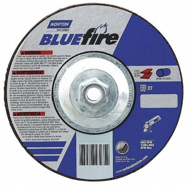 Norton Abrasives Cut-Off & Grinding Wheel, Type 27, 5 in Dia, 0.125 in Thick, 5/8"-11 Arbor Hole Size, 24 Grit - 66252843215