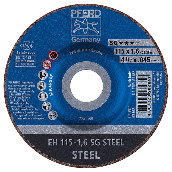 Pferd Depressed Center Cut-Off Wheel, Type 27, 4 1/2 in Dia, 0.045 in Thick, 7/8 in Arbor Hole Size - 63162