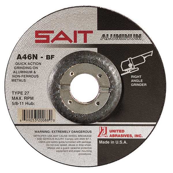 United Abrasives/Sait Depressed Center Grinding Wheel, Type 27, 4 1/2 in Dia, 0.25 in Thick, 7/8 in Arbor Hole Size - 20062