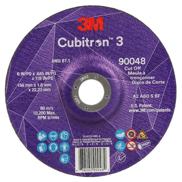3M Cubitron Cut-Off Wheel, Type 27, 6 in Dia, 0.045 in Thick, 7/8 in Arbor Hole Size, Ceramic, 60 Grit - 90048