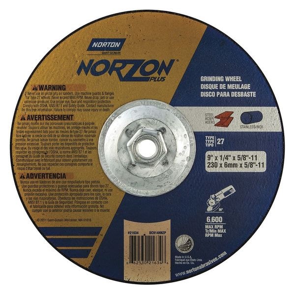 Norton Abrasives Depressed Center Grinding Wheel, Type 27, 9 in Dia, 0.25 in Thick, 5/8"-11 Arbor Hole Size, Ceramic - 66253021634