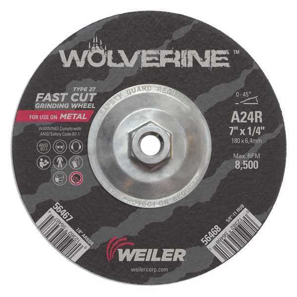 Weiler Grinding Wheel, Type 27, 7 in Dia, 1/4 in Thick, 5/8 in-11 UNC Nut Arbor Hole Size, Aluminum Oxide - 56468