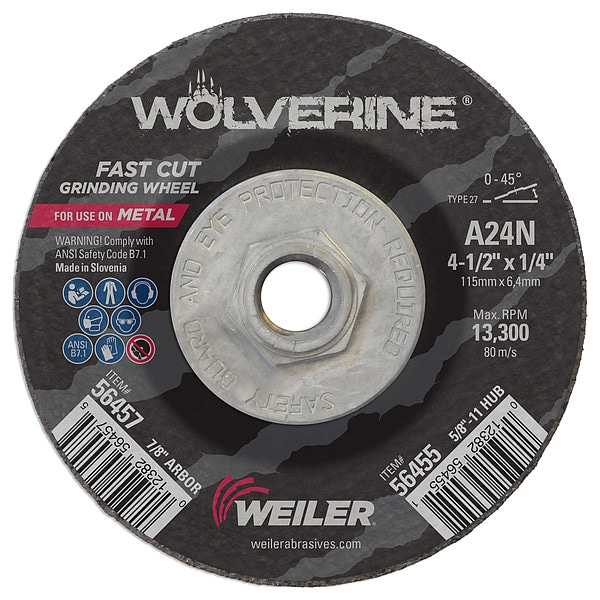 Weiler 4-1/2"x1/4" Wolverine Type 27 Grinding Wheel A24N 5/8"-11 Nut - 56455