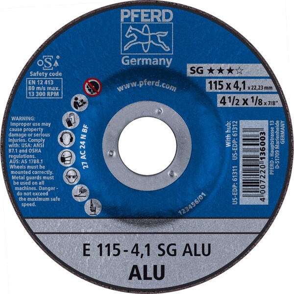 Pferd 4-1/2'' x 1/8 Grinding Wheel, 7/8'' A.H. - SG ALU - Type 27 - 61311