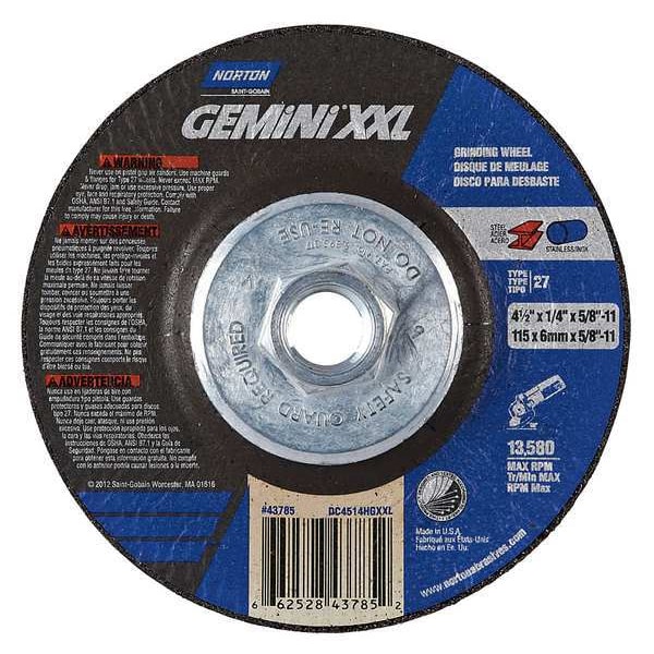 Norton Abrasives Depressed Center Grinding Wheel, Type 27, 4 1/2 in Dia, 0.25 in Thick, 5/8"-11 Arbor Hole Size - 66252843785