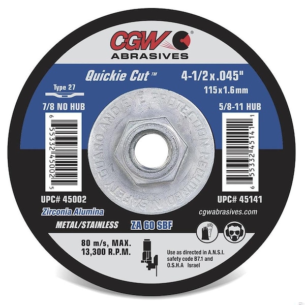 Cgw Abrasives General Purpose Thin Depressed Center Wheel, 7 in Dia x 0.045 in THK, 7/8 in Center Hole, 60 Grit, Z - 45008