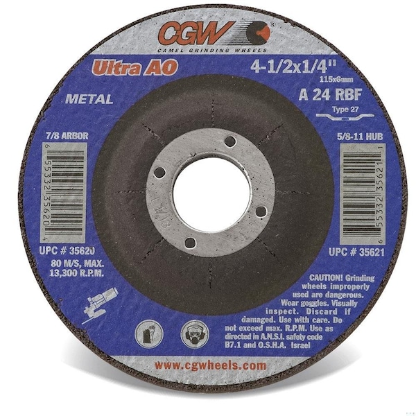Cgw Abrasives Flat Depressed Center Wheel, 6 in Dia x 1/8 in THK, 7/8 in Center Hole, 24 Grit, Zirconia Alumina Ab - 45212