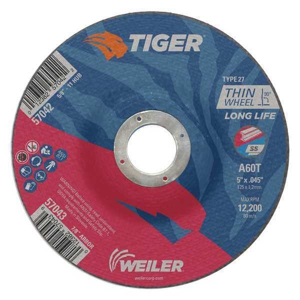 Tiger Cutting Wheel, Type 27, 5 in Dia, 0.045 in Thick, 7/8 in Arbor Hole Size, Aluminum Oxide - 57043
