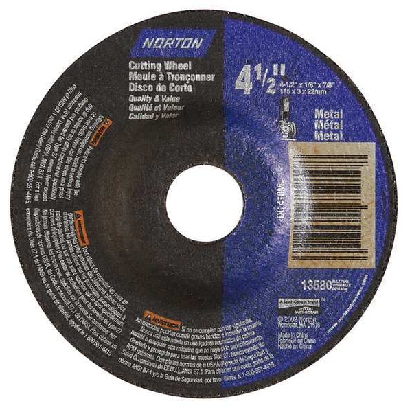 Norton Abrasives Cut-Off & Grinding Wheel, Type 27, 4 1/2 in Dia, 0.125 in Thick, 7/8 in Arbor Hole Size, 24 Grit - 66252843611