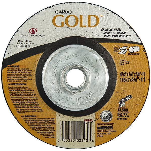 Zoro Select Depressed Center Grinding Wheel, Type 27, 4 1/2 in Dia, 0.25 in Thick, 5/8"-11 Arbor Hole Size - 5539502843
