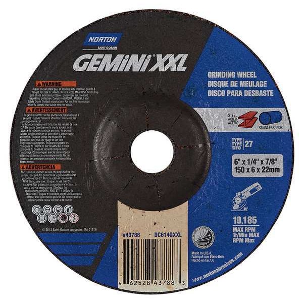Norton Abrasives Depressed Center Grinding Wheel, Type 27, 6 in Dia, 0.25 in Thick, 7/8 in Arbor Hole Size, 24 Grit - 66252843788