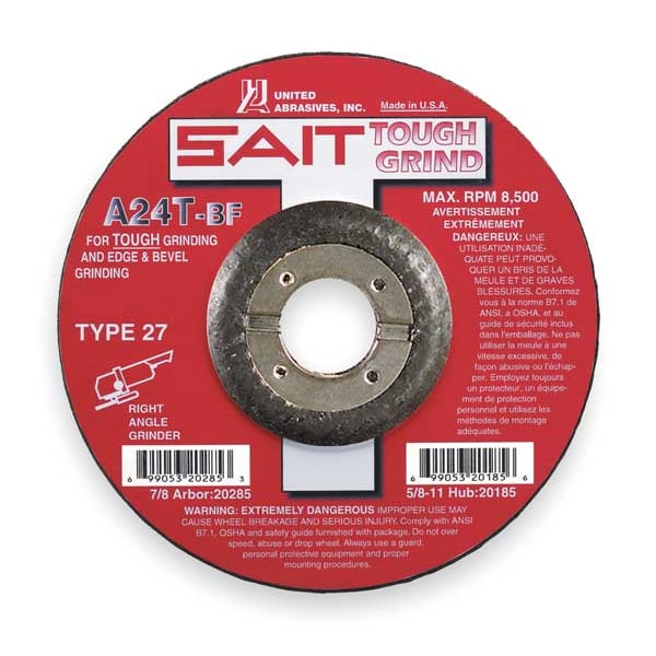 United Abrasives/Sait Depressed Center Grinding Wheel, Type 27, 4 1/2 in Dia, 0.25 in Thick, 7/8 in Arbor Hole Size - 20065