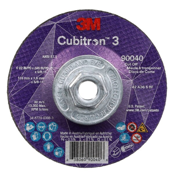 3M Cubitron Cut-Off Wheel, Type 27, 4 1/2 in Dia, 0.045 in Thick, 5/8"-11 Arbor Hole Size, Ceramic, 36 Grit - 90040