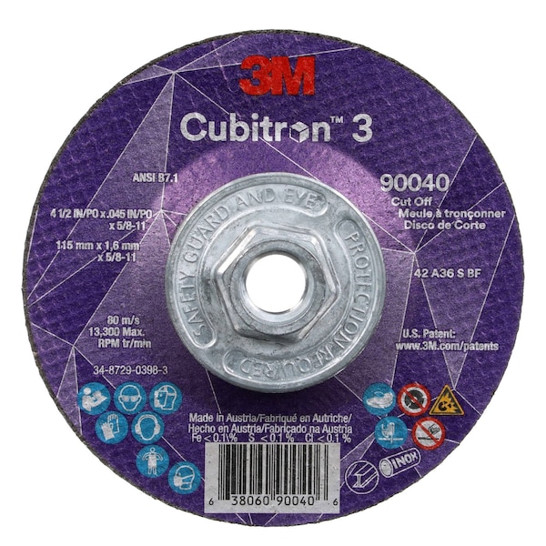 3M Cubitron Cut-Off Wheel, Type 27, 4 1/2 in Dia, 0.045 in Thick, 5/8"-11 Arbor Hole Size, Ceramic, 36 Grit - 90040