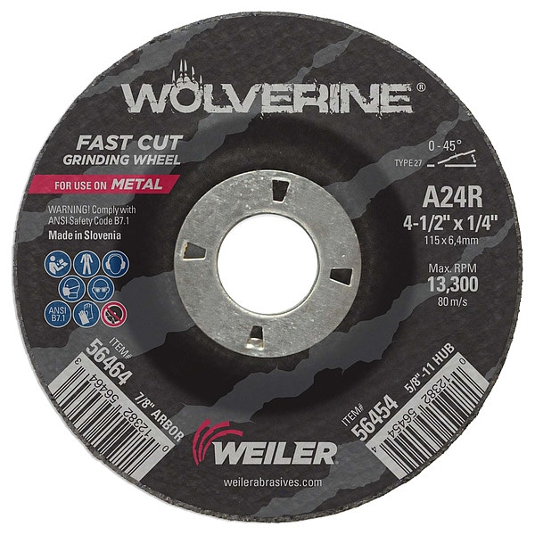 Weiler 4-1/2"x1/4" Wolverine Type 27 Grinding Wheel A24R 7/8" A.H. - 56464