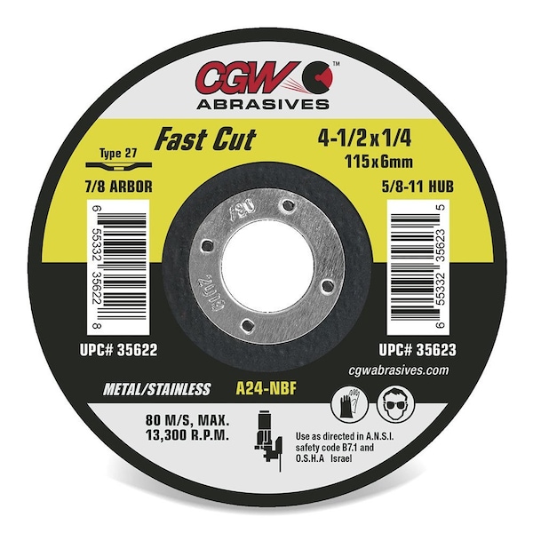Cgw Abrasives Flat Fast Cut Depressed Center Wheel, 5 in Dia x 1/4 in THK, 5/8 in Center Hole, 24 Grit, Aluminum O - 35629