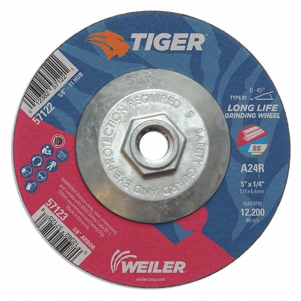 Tiger Grinding Wheel, Type 27, 5 in Dia, 1/4 in Thick, 5/8 in-11 UNC Nut Arbor Hole Size, Aluminum Oxide - 57122