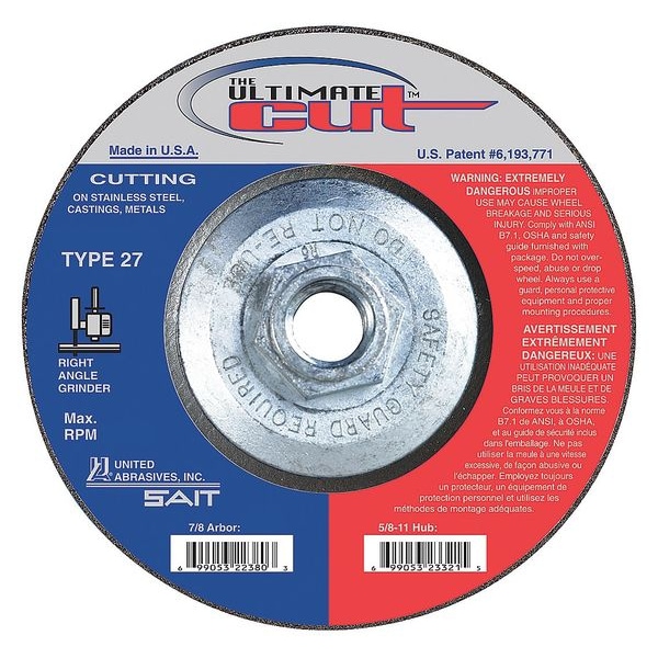 United Abrasives/Sait Depressed Center Cut-Off Wheel, Type 27, 4 1/2 in Dia, 0.045 in Thick, 5/8"-11 Arbor Hole Size - 23321