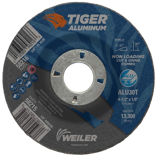 Weiler 4-1/2 in Dia, 1/8 in Thick, 7/8 in Arbor Hole Size, Aluminum Oxide, 30 Grit - 58215