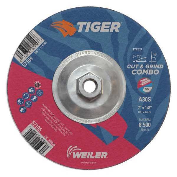 Tiger Combo Wheel, Type 27, 7 in Dia, 0.125 in Thick, 5/8 in-11 UNC Nut Arbor Hole Size, Aluminum Oxide - 57104