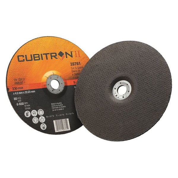 3M Cubitron Cut-Off & Grinding Wheel, Type 27, 9 in Dia, 0.125 in Thick, 7/8 in Arbor Hole Size, Ceramic - 60440240889
