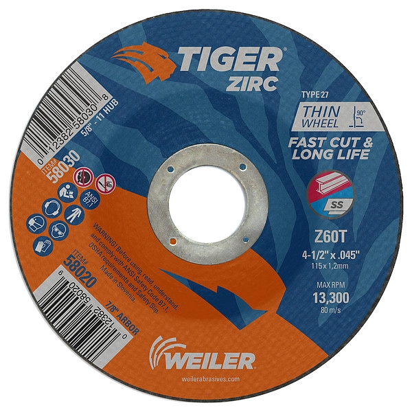 Weiler 4-1/2"x.045" TIGER ZIRC Type 27 Cutting Wheel Z60T 7/8" A.H. - 58020