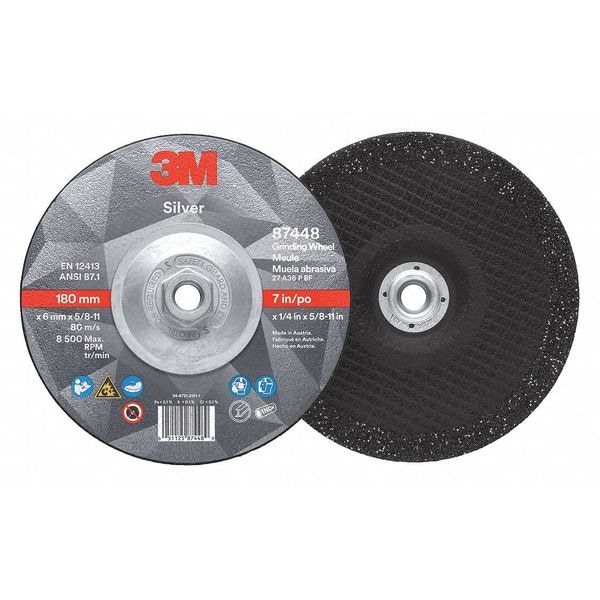 3M Depressed Center Grinding Wheel, Type 27, 7 in Dia, 0.25 in Thick, 5/8"-11 Arbor Hole Size, Ceramic - 87448