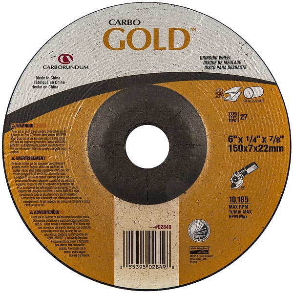 Zoro Select Depressed Center Grinding Wheel, Type 27, 6 in Dia, 0.25 in Thick, 7/8 in Arbor Hole Size, 24 Grit - 5539502849