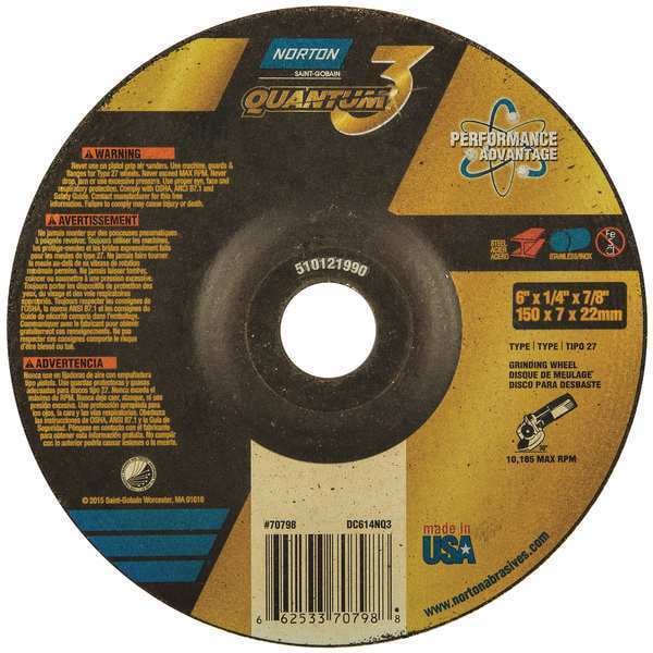 Norton Abrasives Depressed Center Grinding Wheel, Type 27, 6 in Dia, 0.25 in Thick, 7/8 in Arbor Hole Size, Ceramic - 66253370798