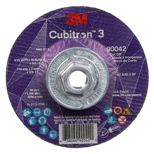 3M Cubitron Cut-Off Wheel, Type 27, 4 1/2 in Dia, 0.09 in Thick, 5/8"-11 Arbor Hole Size, Ceramic, 36 Grit - 90042