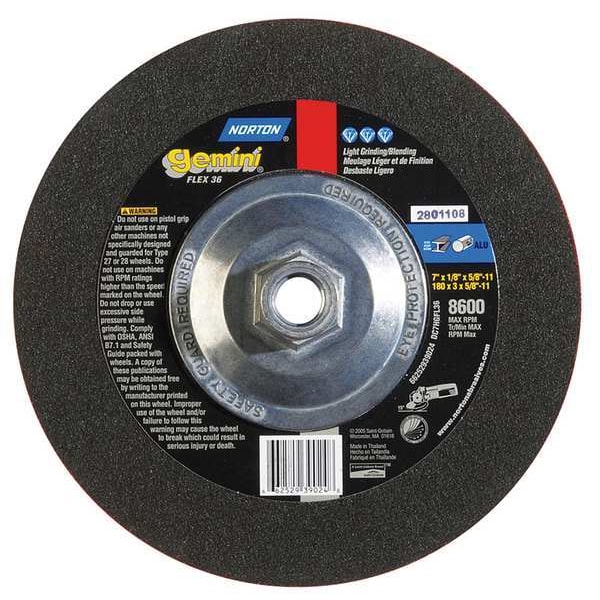 Norton Abrasives Depressed Center Grinding Wheel, Type 27, 7 in Dia, 0.125 in Thick, 5/8"-11 Arbor Hole Size - 66252939024