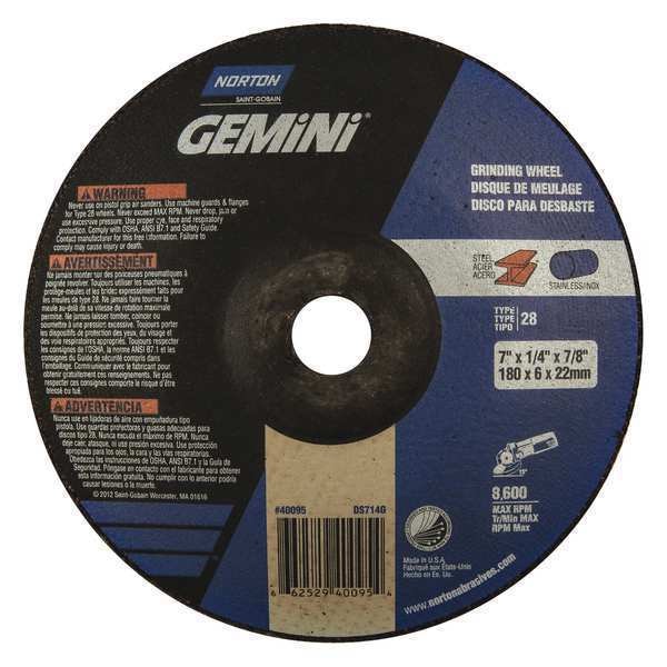 Norton Abrasives Depressed Center Grinding Wheel, Type 28, 7 in Dia, 0.25 in Thick, 7/8 in Arbor Hole Size, 24 Grit - 66252940095