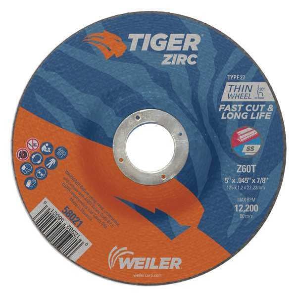 Tiger Zirc Cutting Wheel, Type 27, 5 in Dia, 0.045 in Thick, 7/8 in Arbor Hole Size, Zirconia Alumina - 58021