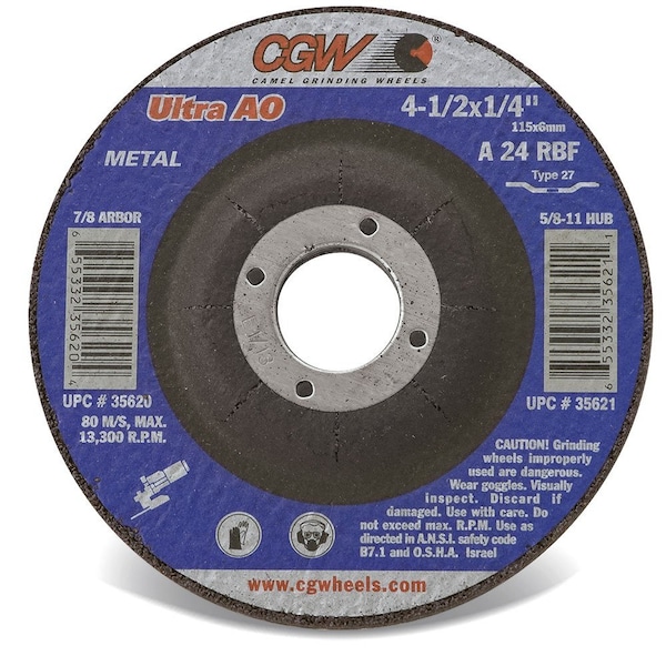 Cgw Abrasives Flat Depressed Center Wheel, 5 in Dia x 1/4 in THK, 7/8 in Center Hole, 24 Grit, Aluminum Oxide Abra - 35626