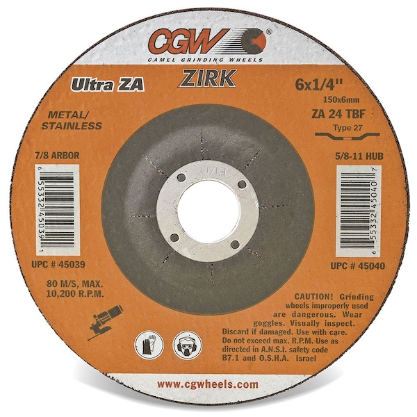 Cgw Abrasives Flat Depressed Center Wheel, 5 in Dia x 1/4 in THK, 7/8 in Center Hole, 24 Grit, Aluminum Oxide Abra - 35626