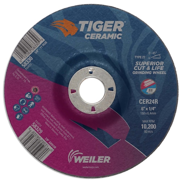 Weiler 6" x 1/4" TIGER CERAMIC Type 27 Grinding Wheel CER24R 7/8 A.H. - 58329