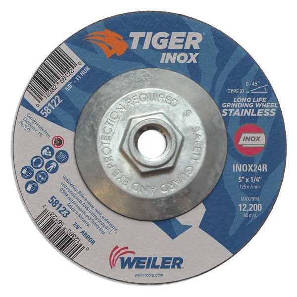 Tiger Inox Grinding Wheel, Type 27, 5 in Dia, 1/4 in Thick, 5/8 in-11 UNC Nut Arbor Hole Size, Aluminum Oxide - 58122