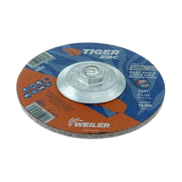 Weiler 6" x 1/4" TIGER ZIRC Type 27 Grinding Wheel, Z24T, 5/8"-11 Nut - 58078
