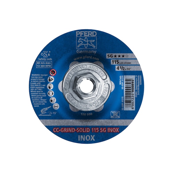 Pferd Depressed Center Grinding Wheel, Type 27, 4 1/2 in Dia, 0.125 in Thick, 5/8"-11 Arbor Hole Size - 61235