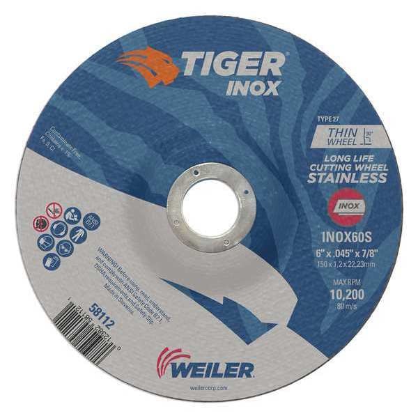 Tiger Inox Cutting Wheel, Type 27, 6 in Dia, 0.045 in Thick, 7/8 in Arbor Hole Size, Aluminum Oxide - 58112