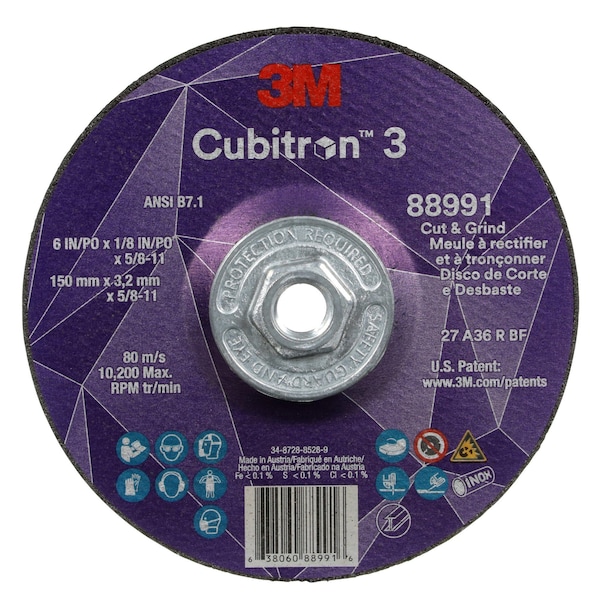 3M Cubitron Cut-Off and Grinding Wheel, Type 27, 6 in Dia, 0.125 in Thick, 5/8"-11 Arbor Hole Size, Ceramic - 88991