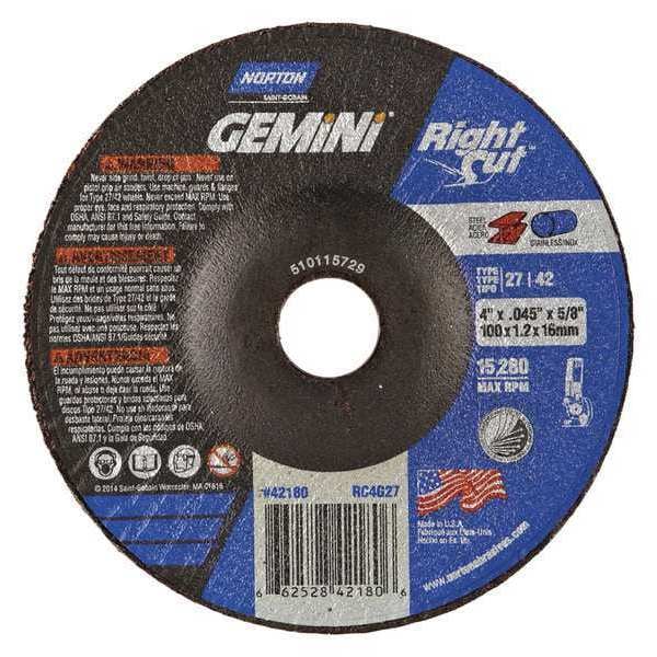 Norton Abrasives Depressed Center Cut-Off Wheel, Type 27, 4 in Dia, 0.045 in Thick, 5/8 in Arbor Hole Size, 24 Grit - 66252842180