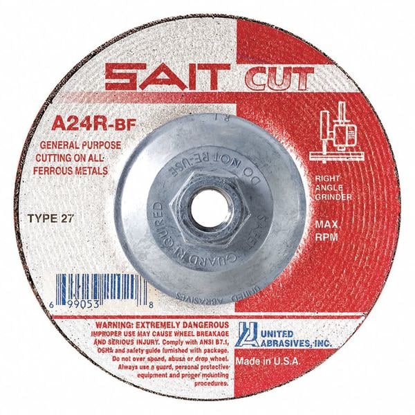 United Abrasives/Sait Depressed Center Cut-Off Wheel, Type 27, 4 1/2 in Dia, 0.0938 in Thick, 5/8"-11 Arbor Hole Size - 22120